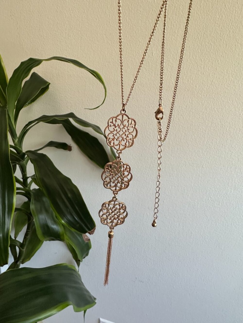 Rose Gold Filigree Tassel Necklace 22"